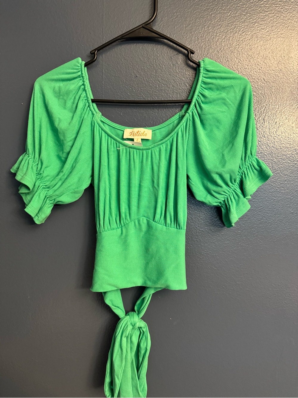 Listicle Bright Green Puff Sleeve Tie-Front Crop Top